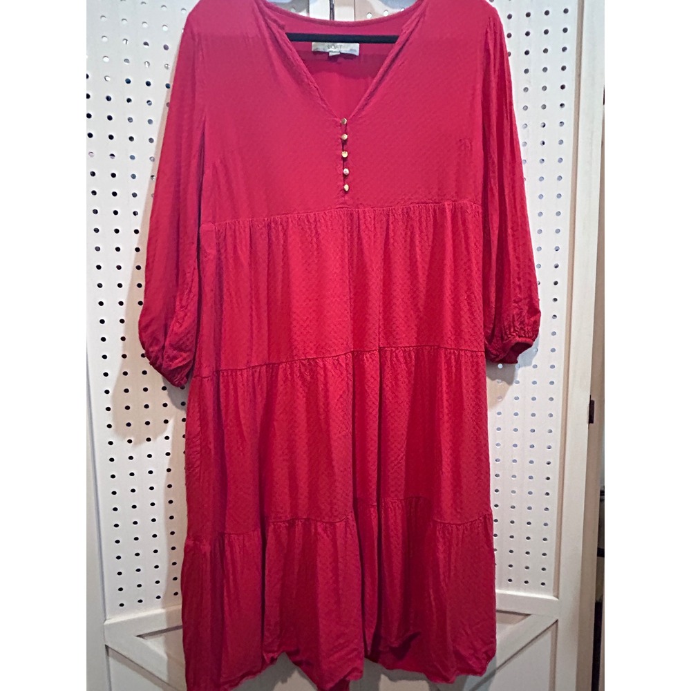 LOFT Red Dress Petite Tiered Mini Casual Long Sleeve V Neck